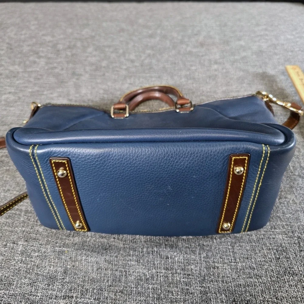 Dooney & Bourke Pebble Grain Leather Satchel Navy Blue Brown Trim Crossbody Bag